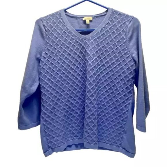 Talbots Ladies Medium Blue Quilted Front V-Neck 3/4 Sleeve Lightweight Sweater - Picture 1 of 11